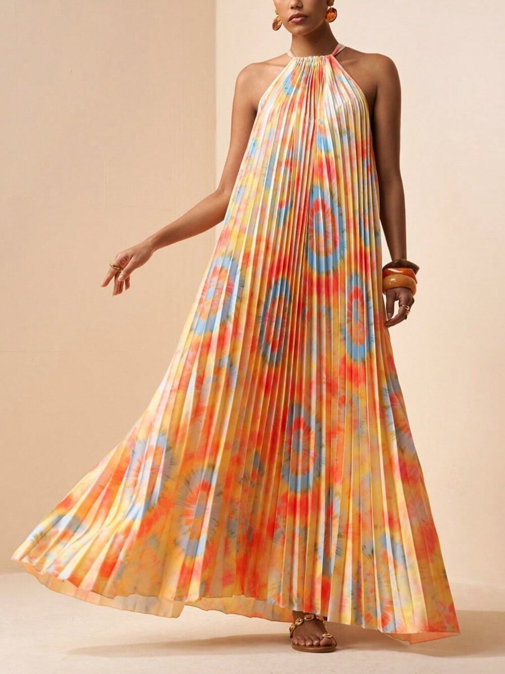Boho Women's tie dye Ombre Print Sleeveless Ruffle A-Line Maxi Dress